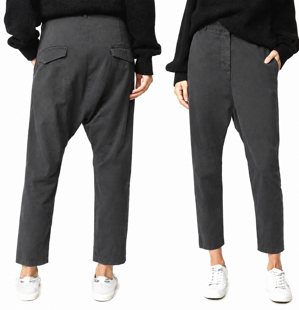 Nili Lotan 6 Gray Paris Pants Drop Crotch Slouchy Cotton Cropped Washed Black